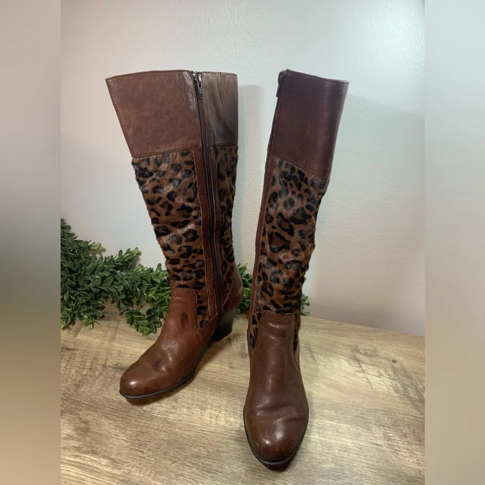 Born Leather Boots Ladies 7.5 Vintage w/Leopard Print Pony Hair Knee High